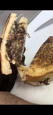 DOUBLE PATTY SMASH MELT w/ FRESH GROUND USDA PRIME, ANGUS BRISKET. (ADD BACON, ADD RED WINE GARLIC MUSHROOMS).