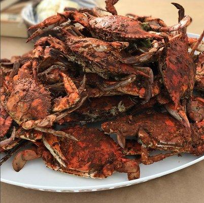 Crabs loaded onto a tray for rooftop crab party.