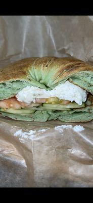 Jalapeño bagel. Half jalapeño half avocado cream cheese. Add tomatoes and cucumbers. So heavenly.