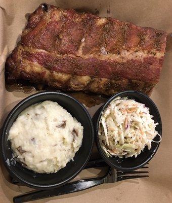 Baby back ribs, smashed potatoes, "cold slaw" -- it got messy after this photo!