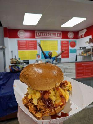 Smoked chicken and Mac n cheese sandwich - peep Derrick in the background! :)