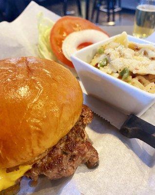 1/3 lb cheeseburger deluxe (lettuce, tomato, onion) with Italian Pasta Salad