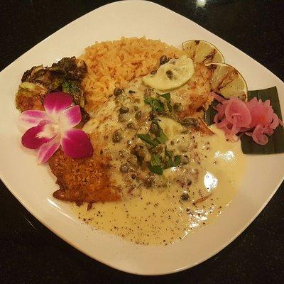 Tilapia with caper white wine sauce.