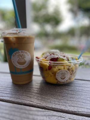 Sweet cream, cold brew, and mango hood bowl half chia base