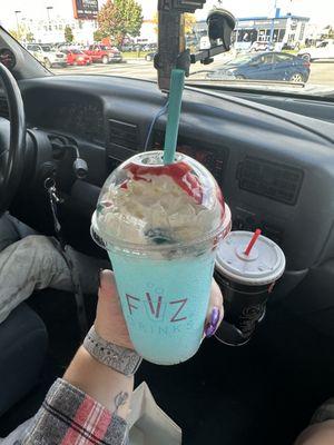 Sharknado (Sprite W/Blue Raspberry, Whip & gummy sharks, and raspberry purée drizzle)