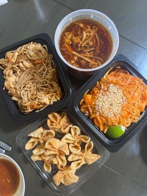 Chicken Lo Mein, Shrimp Pad Thai, Hot and Sour Soup, and Crab Wontons