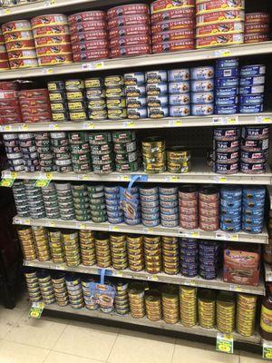 So many canned tuna choices. Canned oysters, crab, and anchovies too.