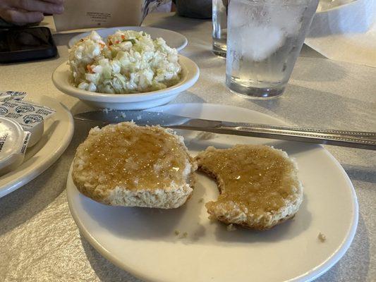 Biscuit with honey and coleslaw