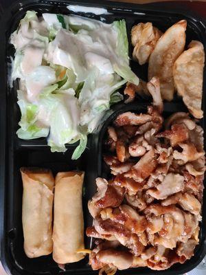 Chicken teriyaki lunch box with noodles, salad, chicken dumplings and spring rolls