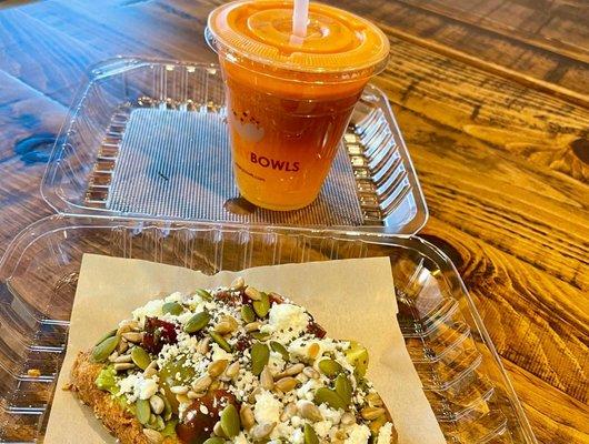 Avocado toast and Invigorator fresh juice