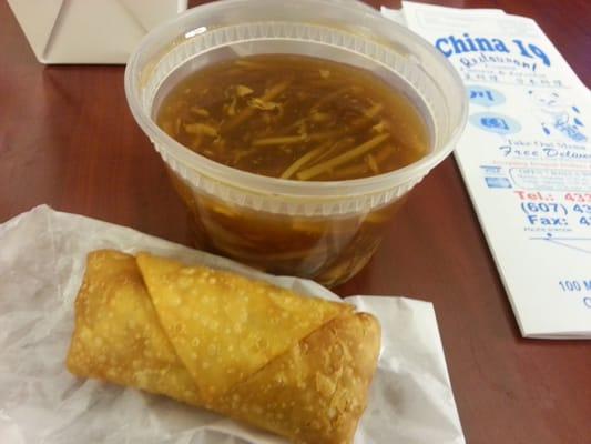 Hot and sour soup with egg roll.