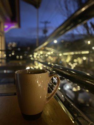 Tea at night on their outdoor patio, no heater fyi