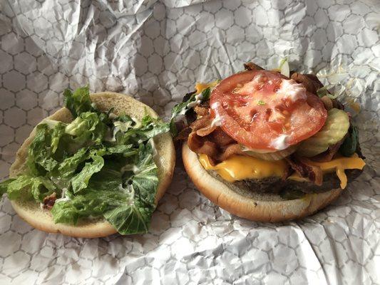 Bacon cheeseburger with jalapeños.