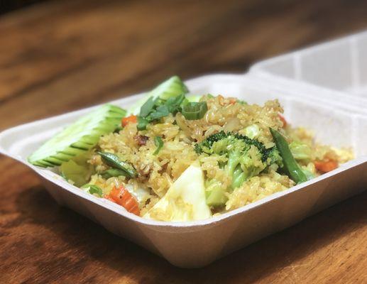 Fried rice with tofu and crispy cucumber. Made with fresh locally grown veggies.