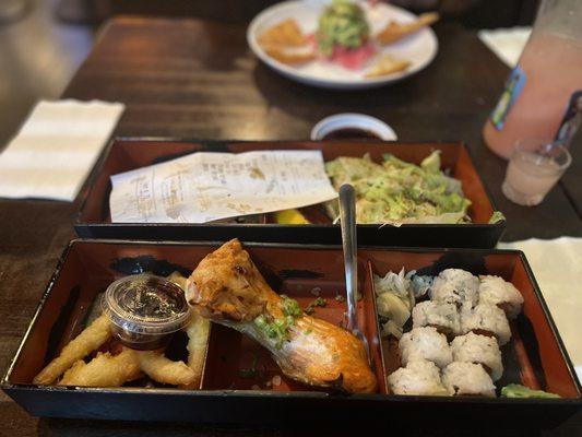 Salmon collar, spicy tuna, tempura shrimp, side salad