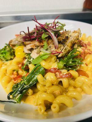 Cavatappi Pasta with Grilled Chicken, Broccolini, Sun-dried Tomatoes & Goat Chèvre Cream Sauce