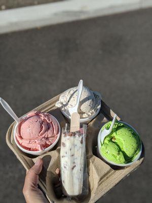 Strawberry, Pecan, and Pistachio. Pecan bar in the middle.