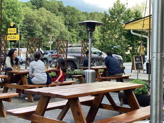 Signage and outdoor communal  tables