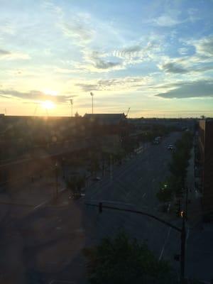 Looking east toward Against the Grain and Slugger Stadium at sunrise