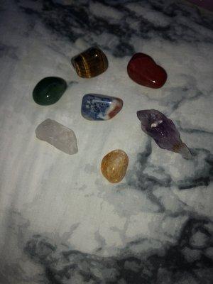 Citrine, Tigers Eye, Clear Quartz, Amethyst, Jasper, Aventurine, and Sodalite. All came from the "Chakra Stones" set.