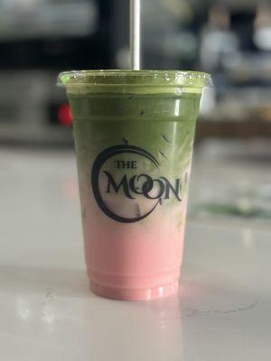 Green matcha and strawberry iced tea with coconut milk, super yummy