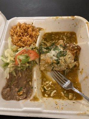 Green cheese enchilada and relleno.  Enchilada not even warm enough to melt the cheese.  Simply awful.