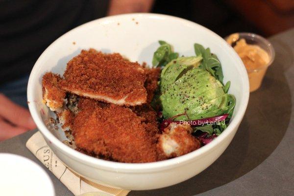 Fried Chicken Quinoa ($15.99) - fried chicken, sweet potato, quinoa, arugula, pickled cabbage, avocado, vinaigrette, aioli