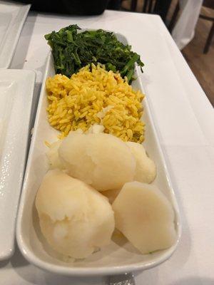 Broiled potatoes, Yellow Rice, Broccoli Rabe