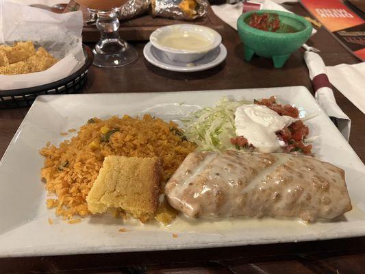 Al pastor chimichanga, double rice, cornbread