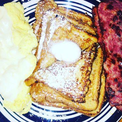 Buttery French Toast cheese eggs and  Fresh Sliced Turkey Bacon