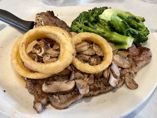 T-bone
 (broiled, not grilled. Perfect seasoning, but it is broiled...)