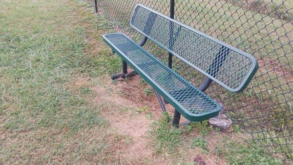 A bench with a nice lined pre-dug hole for your dog to lay in