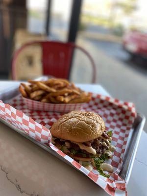 Slider (no cheese, no grilled pickles, added lettuce) and seasoned fries