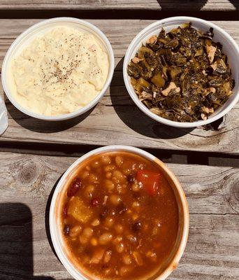 Potato salad baked beans and collards