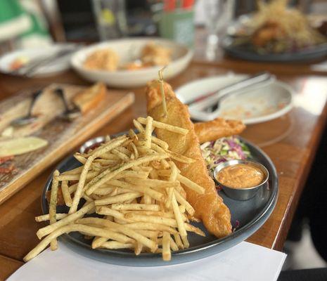 $17 Fish & Chips (craft-beer-battered barramundi, remoulade saunce, tangy mustard seed slaw, duck fat fries - Vegan available