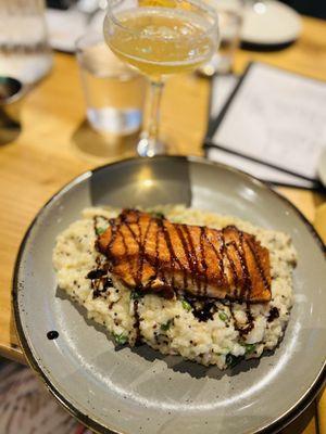 My salmon risotto was smooth and hearty. The drizzled sauce gave it a finishing touch of flavor that made me smile.