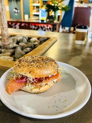 Smoked salmon sandwich on an Everything bagel. Amazing!