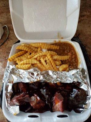 Rib tips, fries & beans