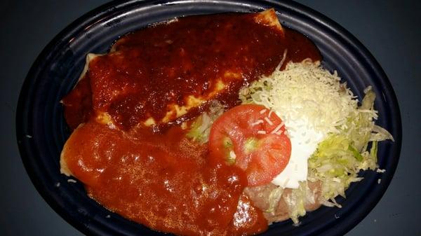 Vegetarian dinner: bean burrito, cheese enchilada and bean tostada