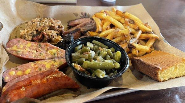 3 meat, fries, and green beans