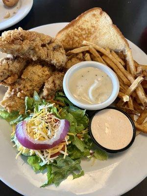 Steak fingers with fries, ranch for the salad.