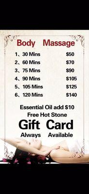 Price includes with hot stone's and oil body massage