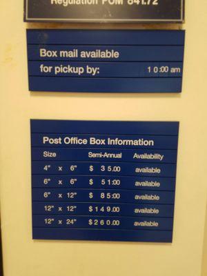 Post office box rental information clearly labeled.