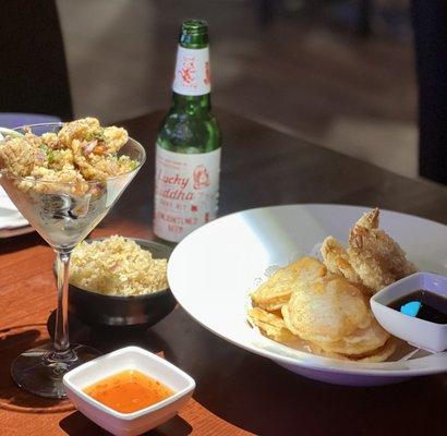 Salt and pepper calamari-$10, beer, shrimp and veggie tempura-$15 with fried rice-$2.