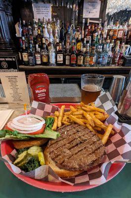 Burger and seasoned fries