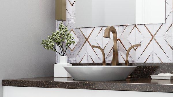 Marble gold and white mosaic tiles with vessel bowl and widespread faucet