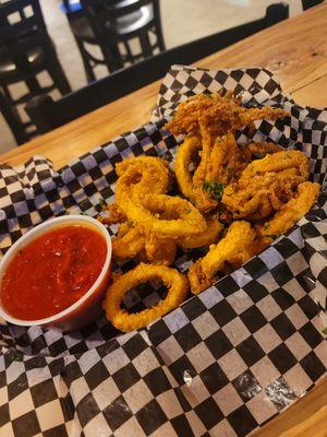 Calamari. | Hot and crisp in basket, small portion for $14.99.