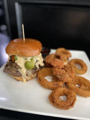 Mushroom and Swiss Burger and onion rings