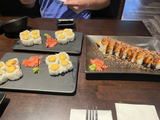 Spicy tuna, spicy salmon, Orgasm Roll