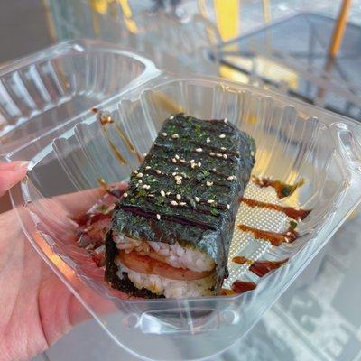 No raw seafood. Contains soy. Grilled Hawaiian spam, teriyaki sauce.